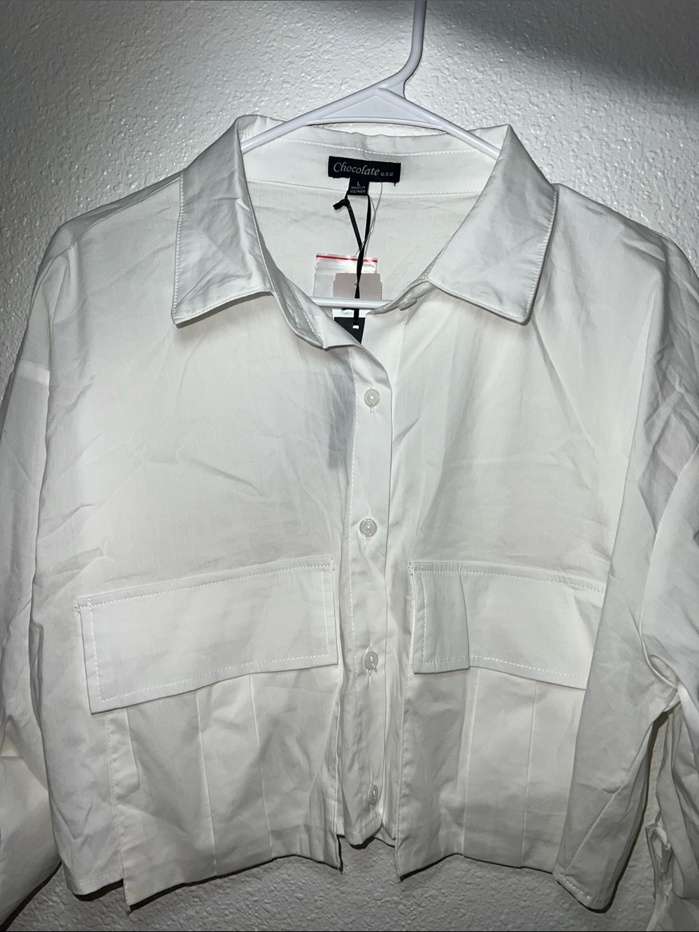 Chocolate White Casual Button-Down Shirt with Front Flap Pockets